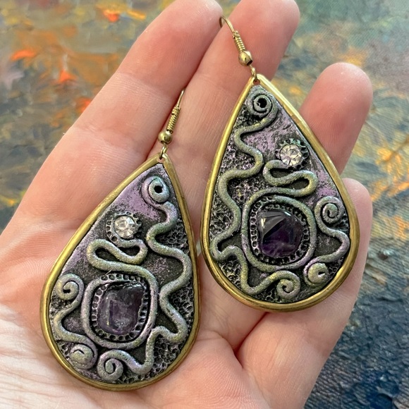 Vintage Jewelry - VTG India Boho Retro Purple Resin Gold Tone Metal Pierced Costume Earrings